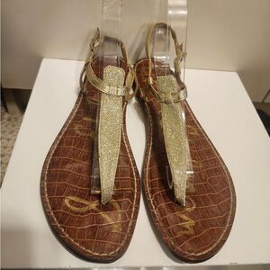 Sam Edelman "GIGI" Gold Glitter Leather T-Strap Flat Sandals sz.8.5 Ret.$120